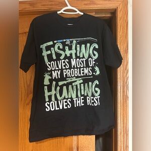 Kids Black Graphic Tee with Fishing and Hunting Design